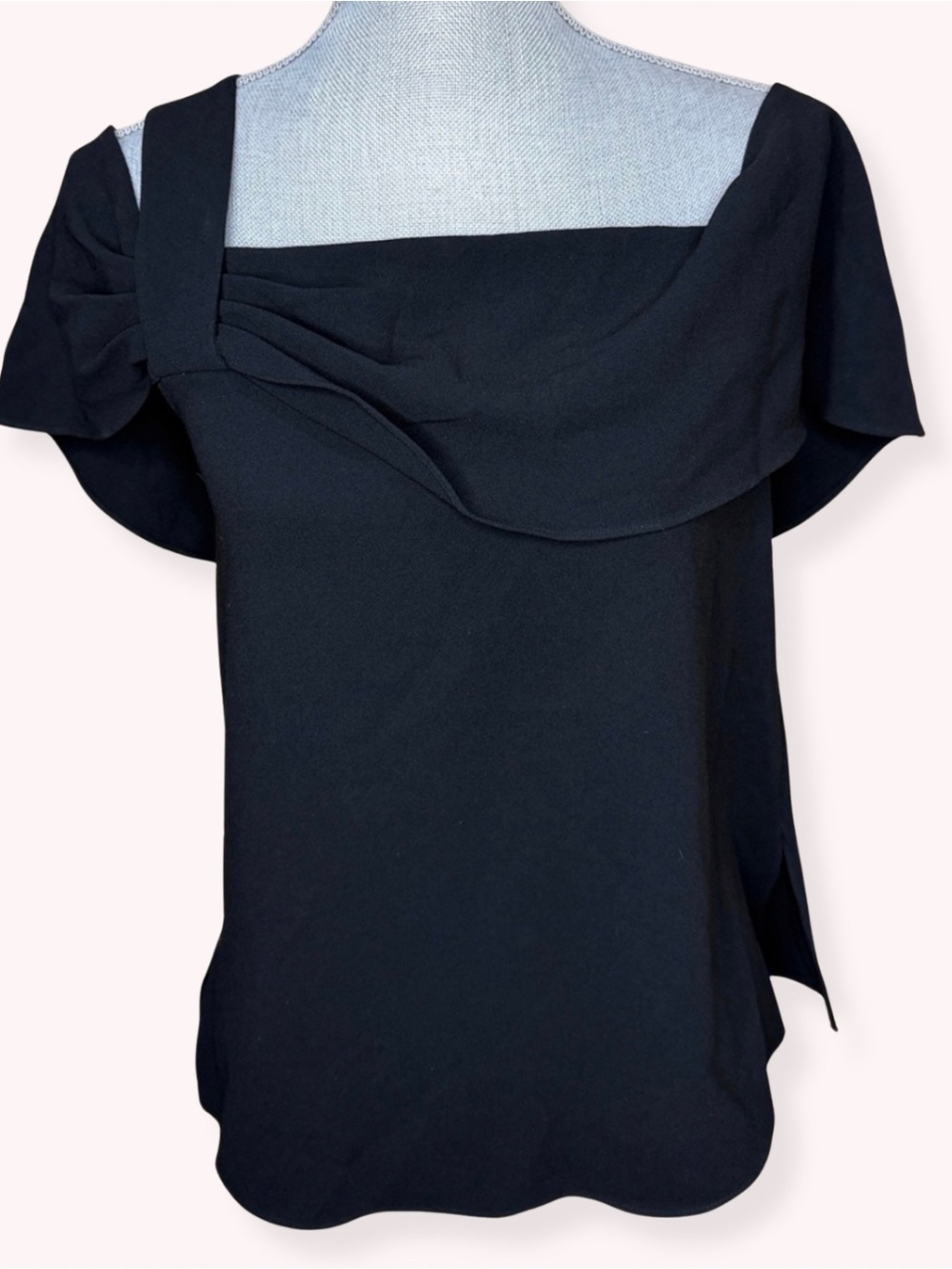 Tibi Black Triacetate Asymmetrical Draped Bow Shoulder Top - Size 6